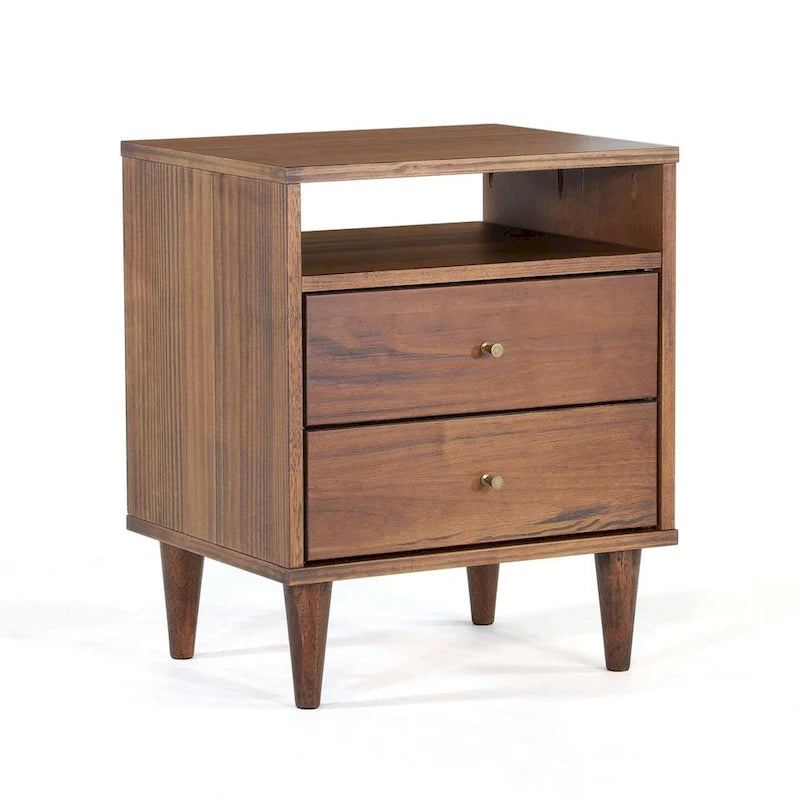 Table de chevet moderne du milieu du siècle à deux tiroirs avec étagère ouverte en bois massif