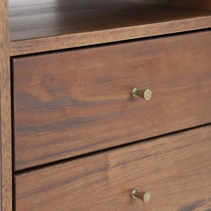 Table de chevet moderne du milieu du siècle à deux tiroirs avec étagère ouverte en bois massif