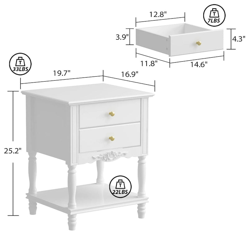Table de Chevet avec 2 Tiroirs et Étagère Ouverte Laque Blanc