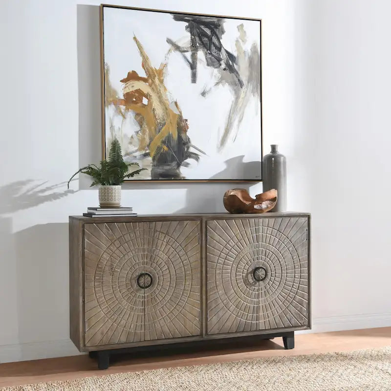 Buffet de rangement à 4 portes en manguier avec détails sculptés