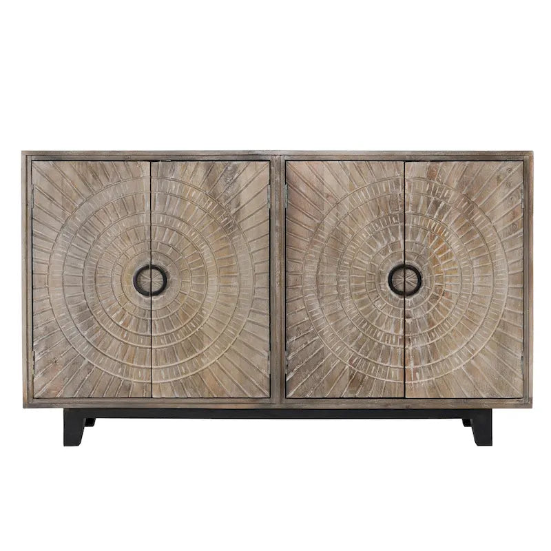 Buffet de rangement à 4 portes en manguier avec détails sculptés