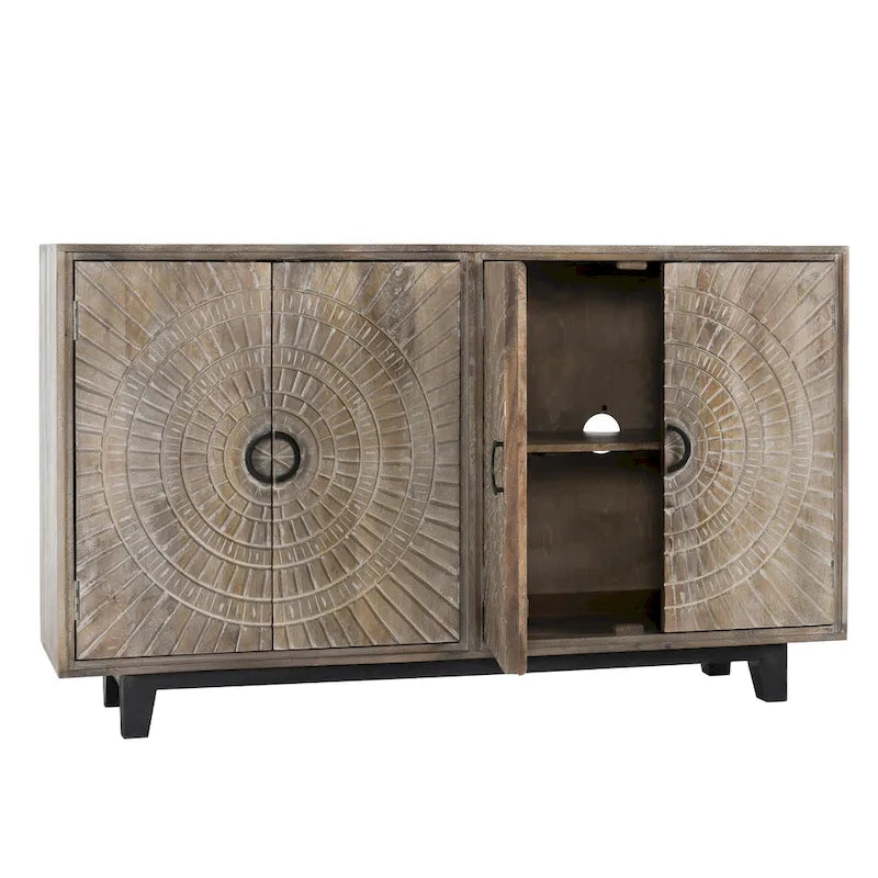 Buffet de rangement à 4 portes en manguier avec détails sculptés