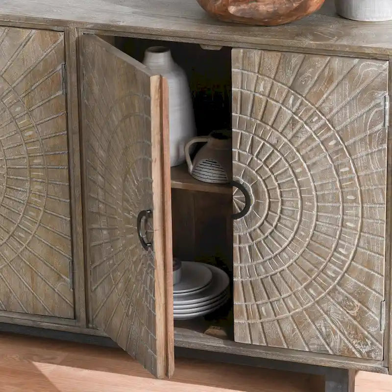 Buffet de rangement à 4 portes en manguier avec détails sculptés