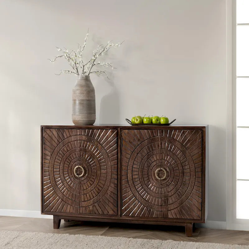 Buffet de rangement à 4 portes en manguier avec détails sculptés
