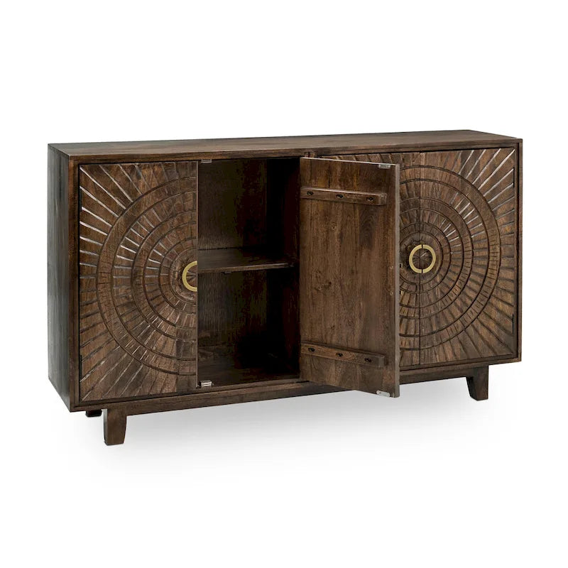 Buffet de rangement à 4 portes en manguier avec détails sculptés