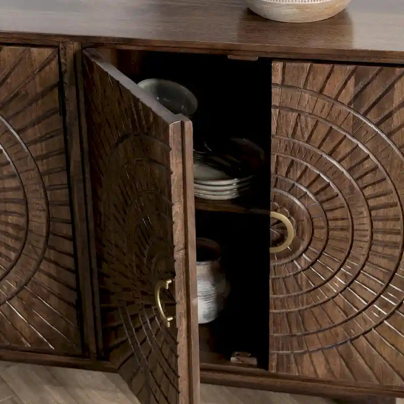 Buffet de rangement à 4 portes en manguier avec détails sculptés