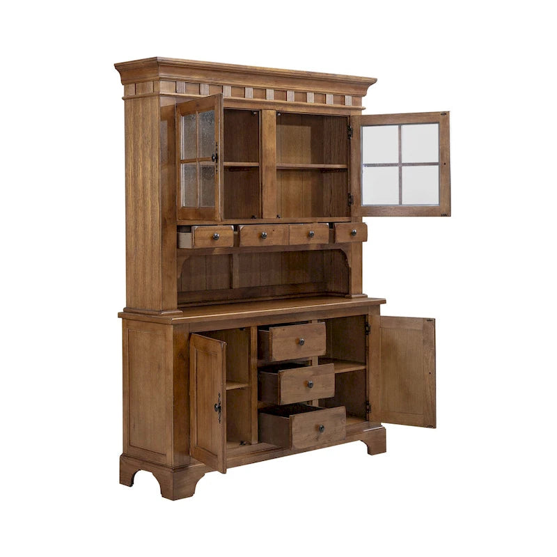 Vaisselier rustique en chêne avec éléments de rangement à porte vitrée