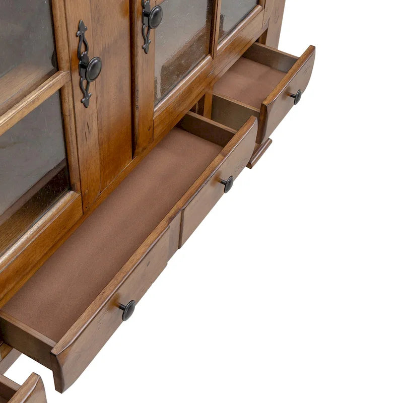 Vaisselier rustique en chêne avec éléments de rangement à porte vitrée