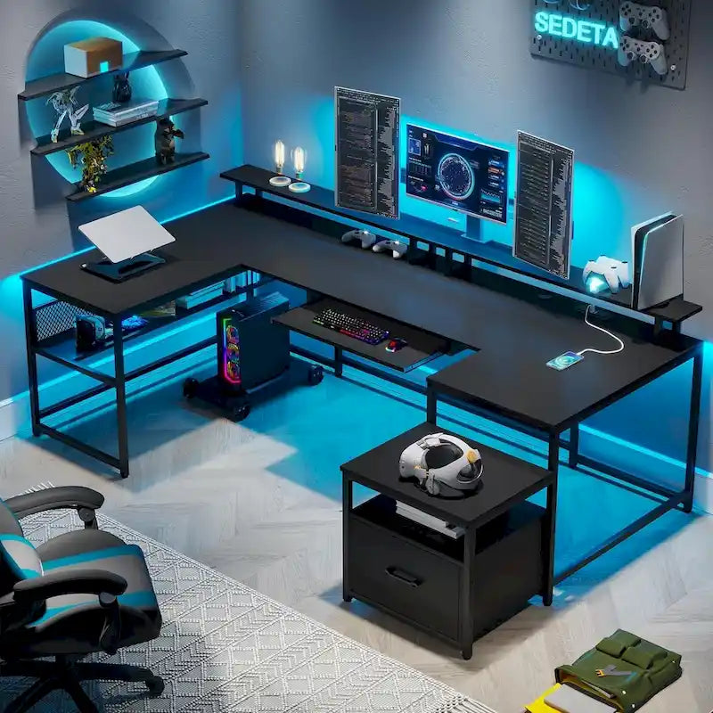 Bureau d'angle en U avec tiroir classeur et prise de courant Bureau de jeu