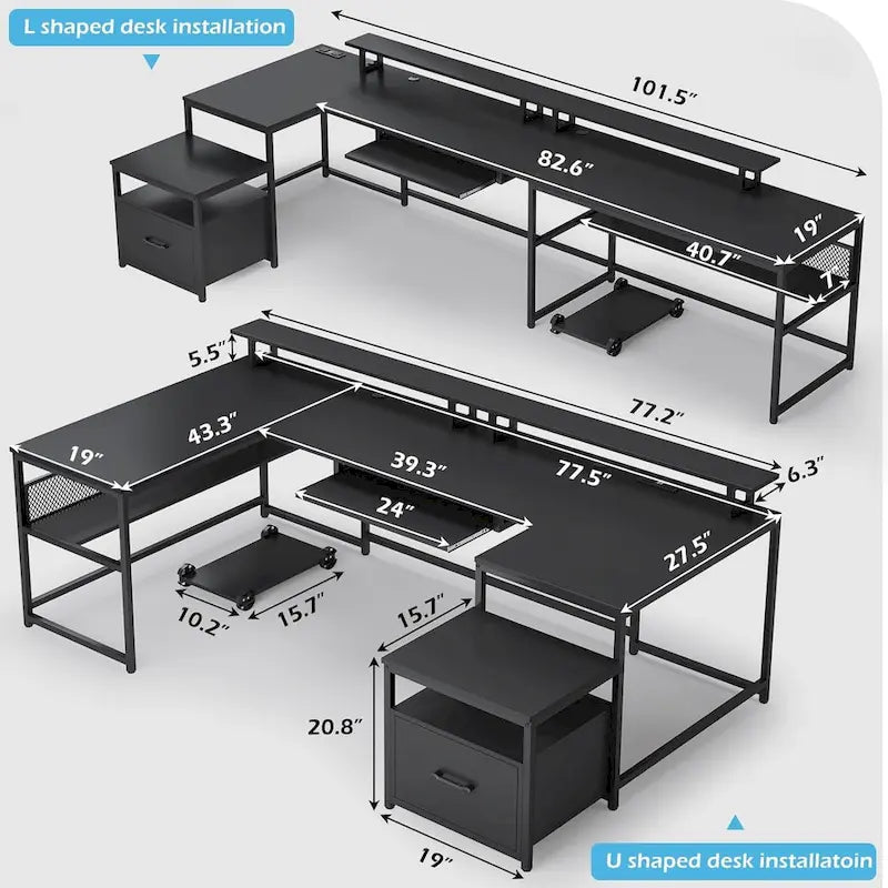 Bureau d'angle en U avec tiroir classeur et prise de courant Bureau de jeu