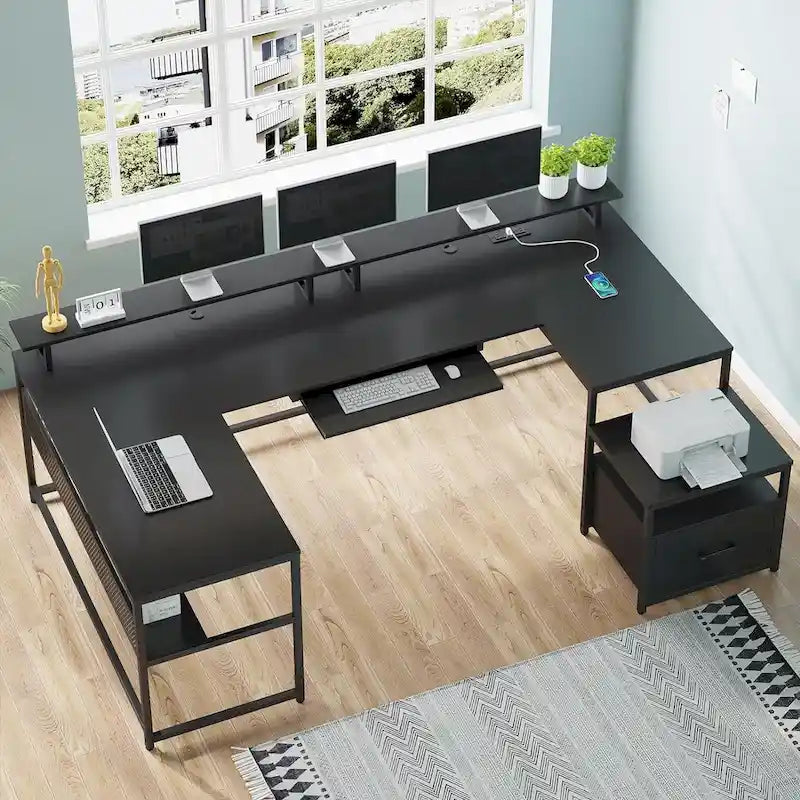 Bureau d'angle en U avec tiroir classeur et prise de courant Bureau de jeu