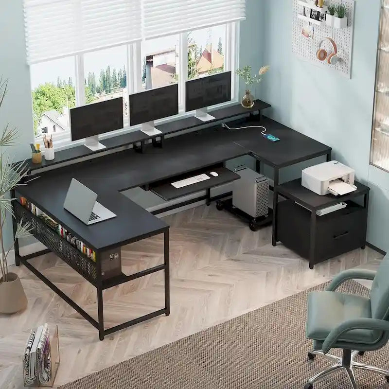Bureau d'angle en U avec tiroir classeur et prise de courant Bureau de jeu
