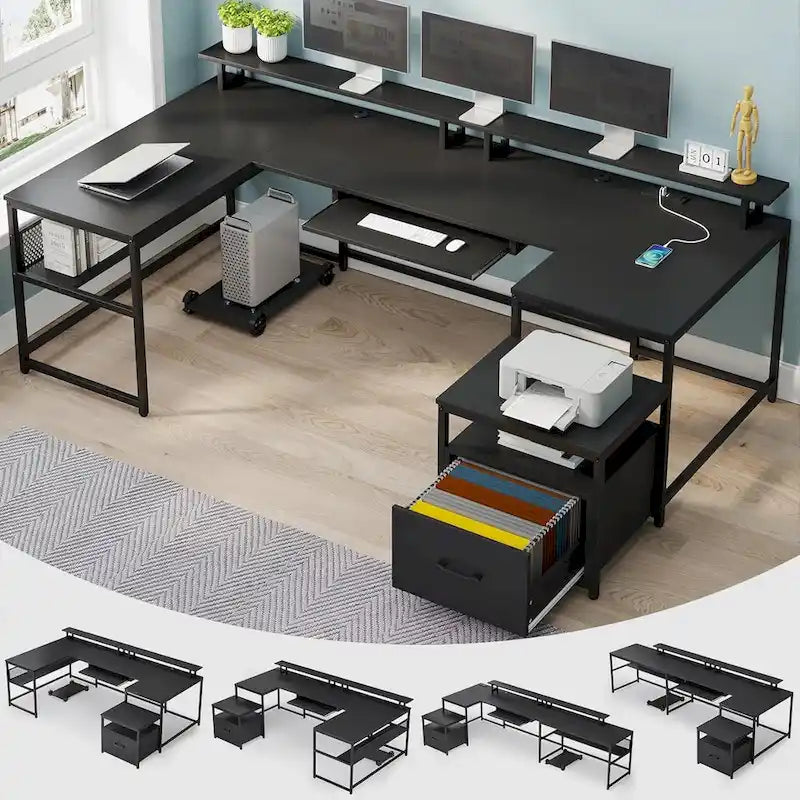 Bureau d'angle en U avec tiroir classeur et prise de courant Bureau de jeu