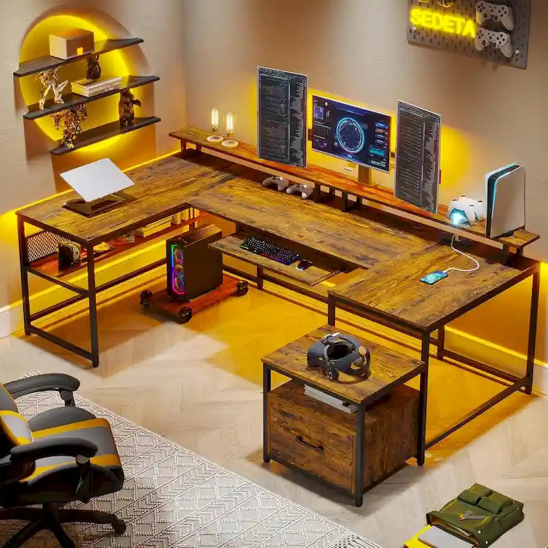 Bureau d'angle en U avec tiroir classeur et prise de courant Bureau de jeu