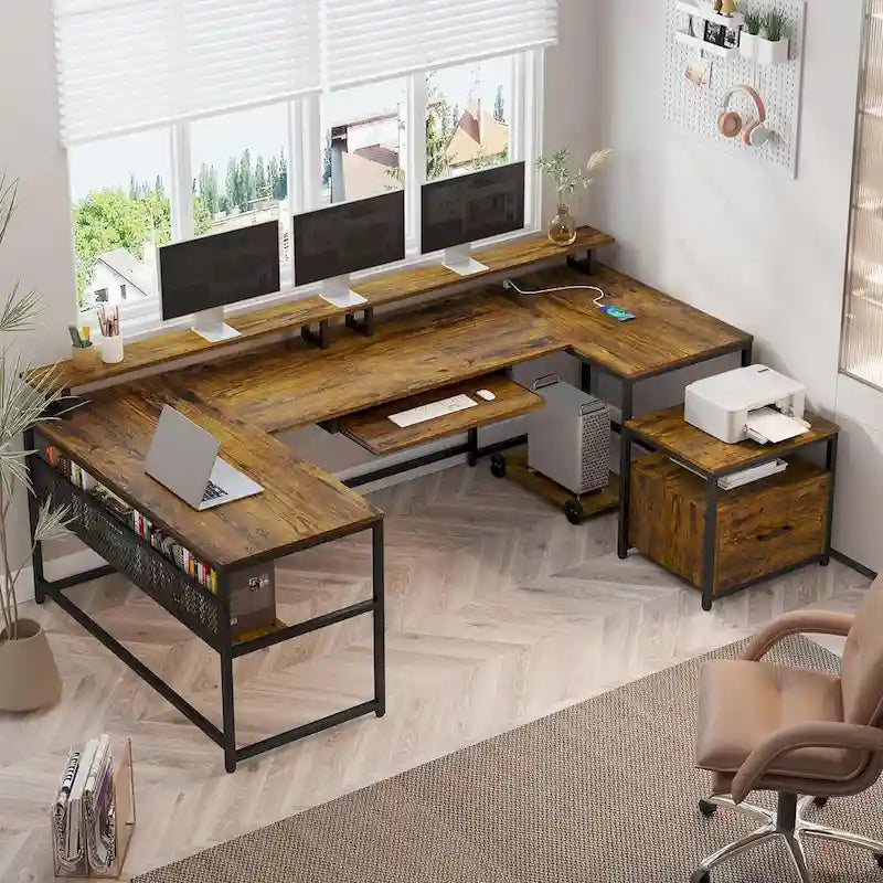 Bureau d'angle en U avec tiroir classeur et prise de courant Bureau de jeu