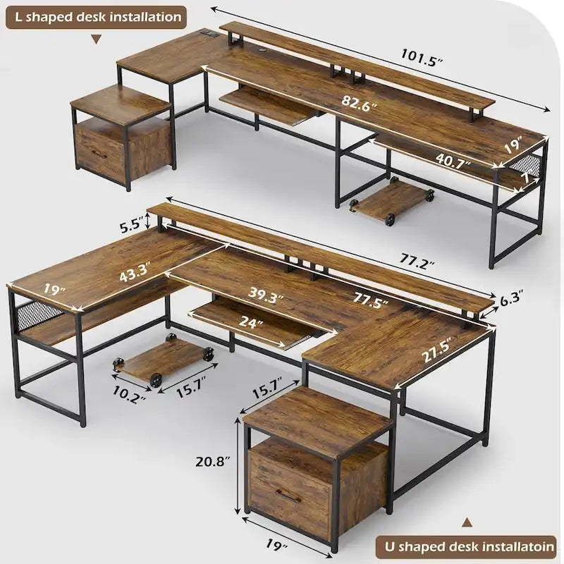 Bureau d'angle en U avec tiroir classeur et prise de courant Bureau de jeu