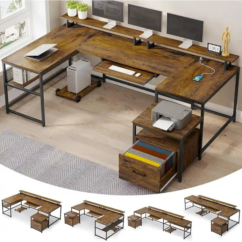 Bureau d'angle en U avec tiroir classeur et prise de courant Bureau de jeu