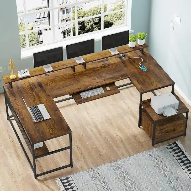 Bureau d'angle en U avec tiroir classeur et prise de courant Bureau de jeu