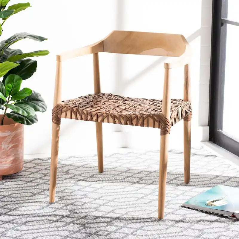 Fauteuil d'appoint moderne du milieu du siècle en cuir tressé et bois massif
