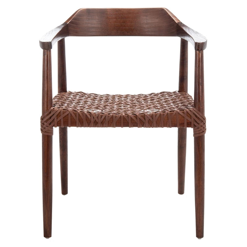 Fauteuil d'appoint moderne du milieu du siècle en cuir tressé et bois massif