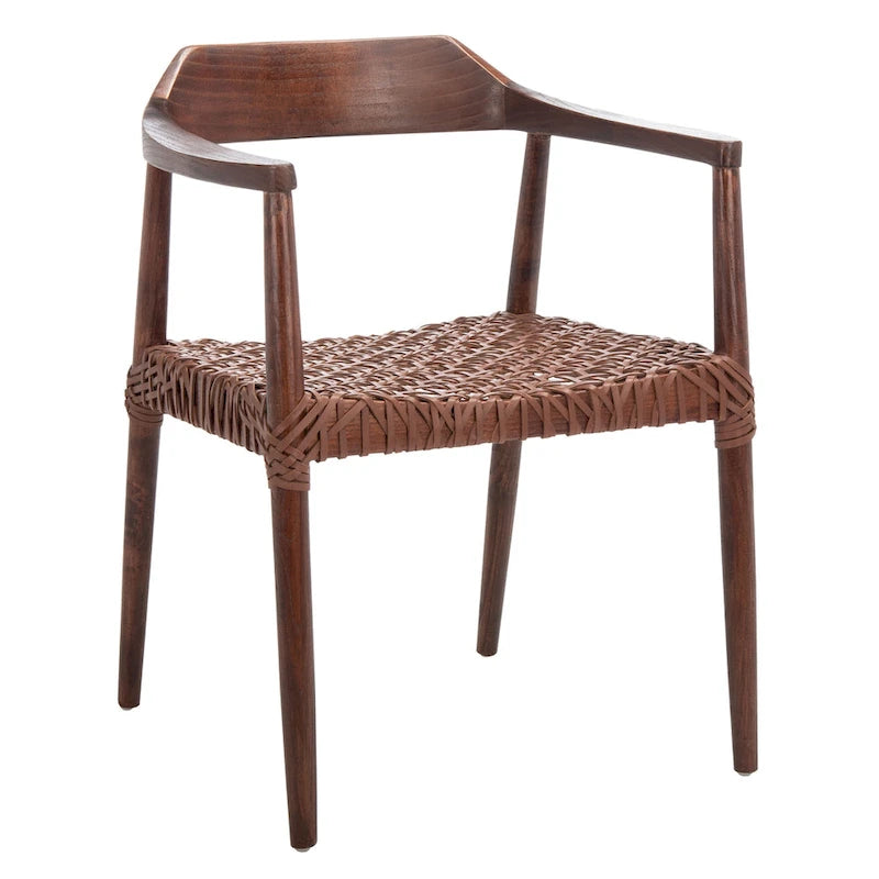 Fauteuil d'appoint moderne du milieu du siècle en cuir tressé et bois massif