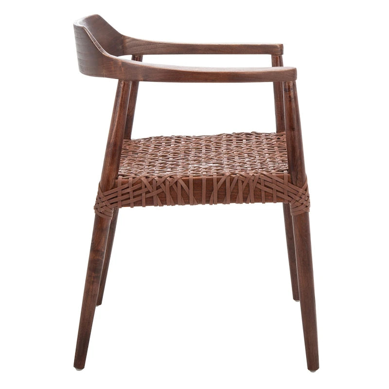 Fauteuil d'appoint moderne du milieu du siècle en cuir tressé et bois massif