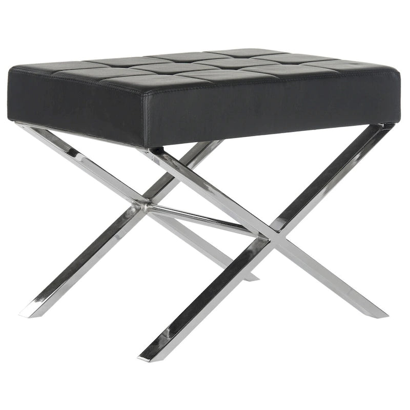 Pouf noir glamour moderne avec pieds chromés Revêtement en similicuir