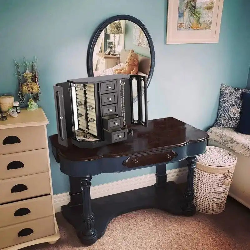 Grande boîte à bijoux en bois avec miroir, crochets et tiroirs en velours