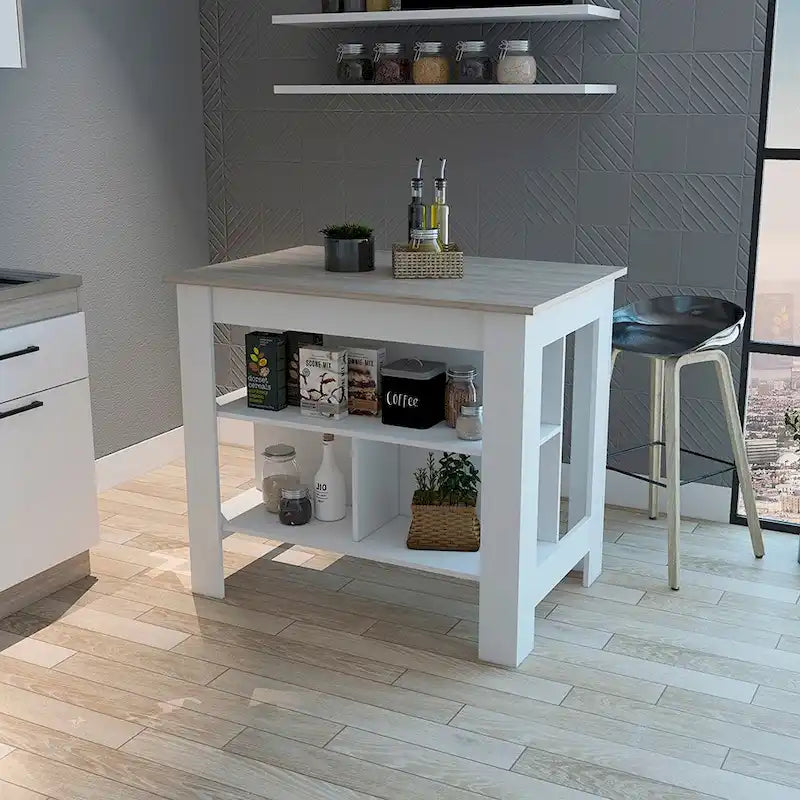 Îlot de cuisine à trois étagères, finition gris clair et blanc, chariot de rangement moderne