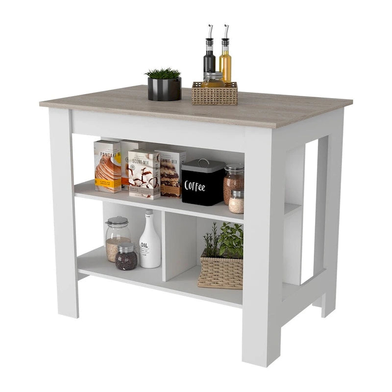 Îlot de cuisine à trois étagères, finition gris clair et blanc, chariot de rangement moderne