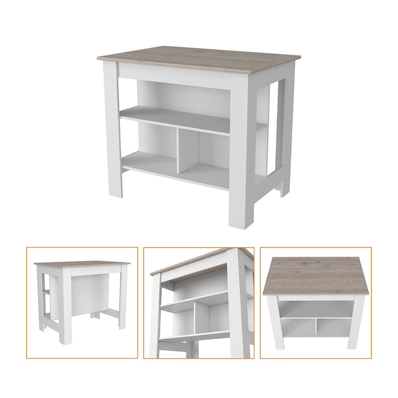 Îlot de cuisine à trois étagères, finition gris clair et blanc, chariot de rangement moderne
