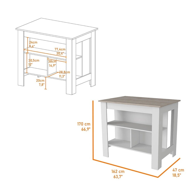 Îlot de cuisine à trois étagères, finition gris clair et blanc, chariot de rangement moderne