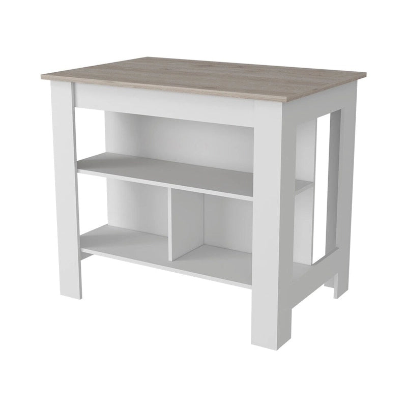 Îlot de cuisine à trois étagères, finition gris clair et blanc, chariot de rangement moderne