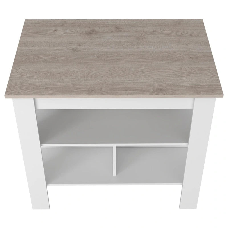 Îlot de cuisine à trois étagères, finition gris clair et blanc, chariot de rangement moderne