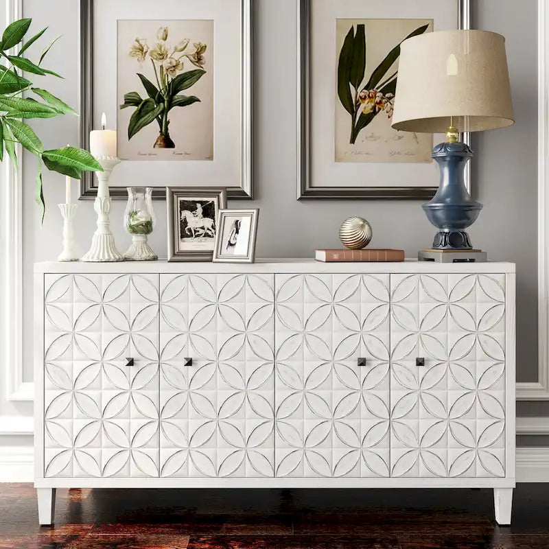 Bahut en bois moderne blanc lavé de 60 pouces à 4 portes avec rangement d'appoint