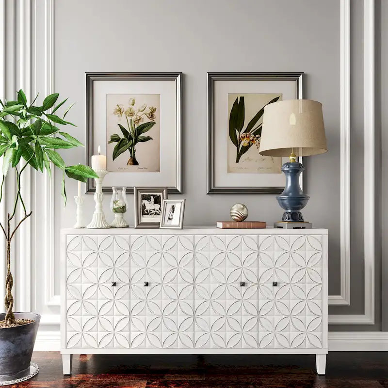 Bahut en bois moderne blanc lavé de 60 pouces à 4 portes avec rangement d'appoint