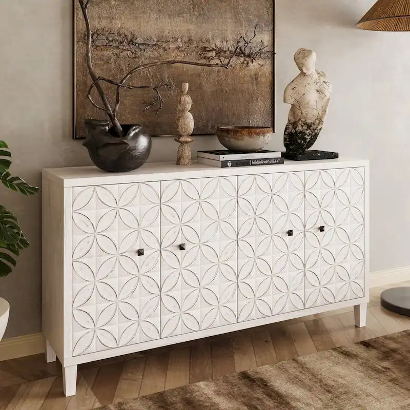 Bahut en bois moderne blanc lavé de 60 pouces à 4 portes avec rangement d'appoint