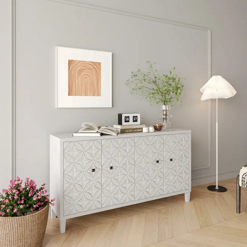 Bahut en bois moderne blanc lavé de 60 pouces à 4 portes avec rangement d'appoint