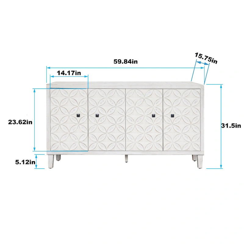 Bahut en bois moderne blanc lavé de 60 pouces à 4 portes avec rangement d'appoint