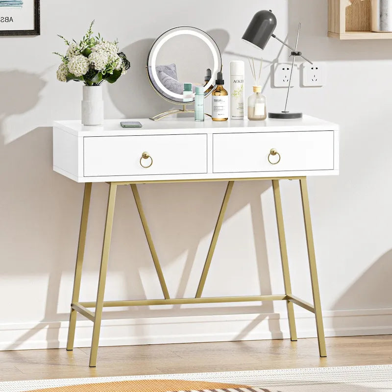 Bureau d'angle moderne avec 2 tiroirs et pieds dorés