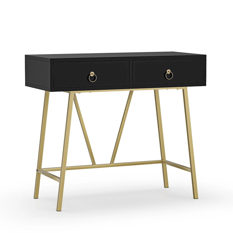 Bureau d'angle moderne avec 2 tiroirs et pieds dorés