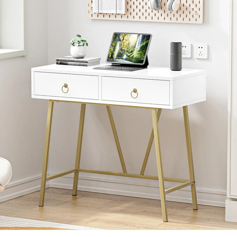 Bureau d'angle moderne avec 2 tiroirs et pieds dorés