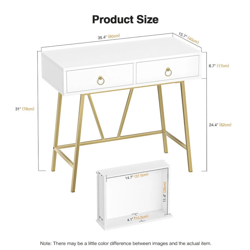 Bureau d'angle moderne avec 2 tiroirs et pieds dorés