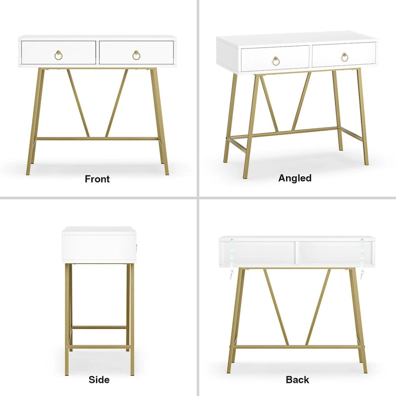 Bureau d'angle moderne avec 2 tiroirs et pieds dorés