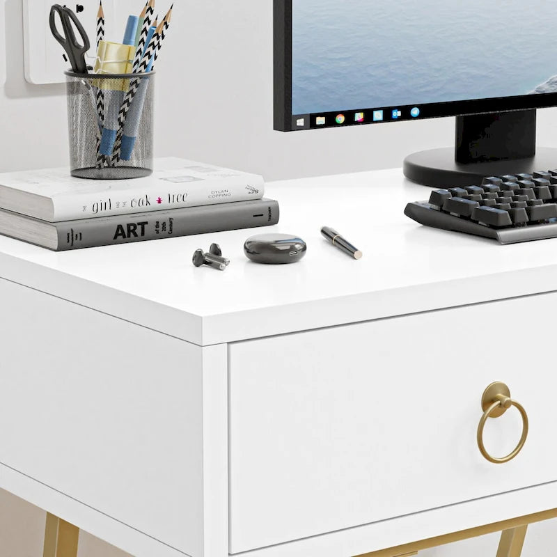 Bureau d'angle moderne avec 2 tiroirs et pieds dorés