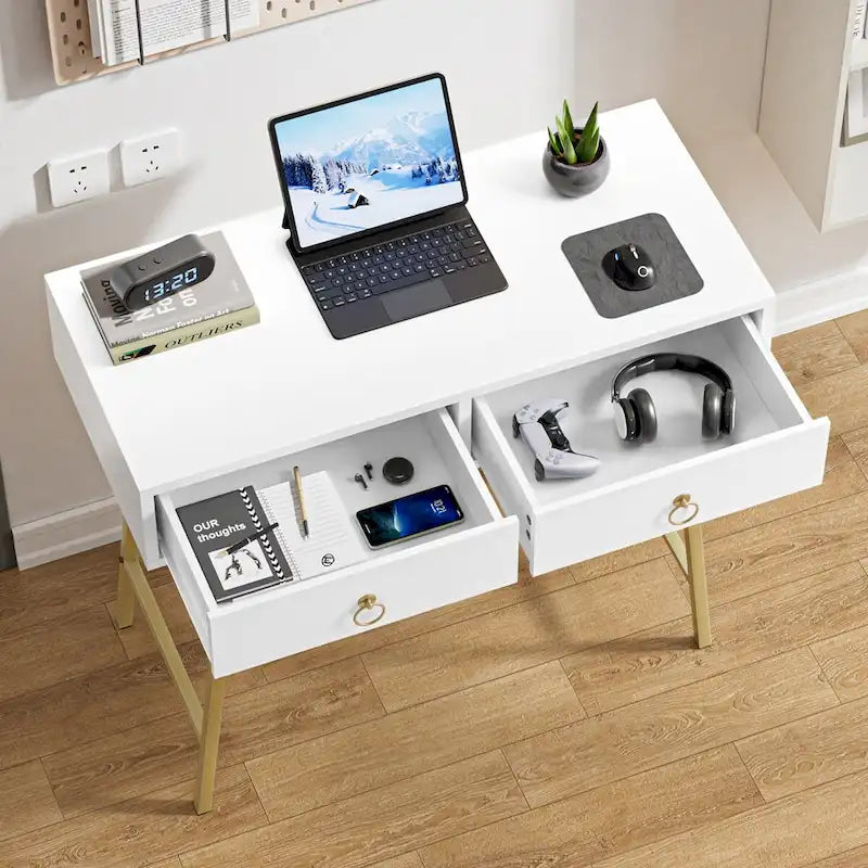 Bureau d'angle moderne avec 2 tiroirs et pieds dorés