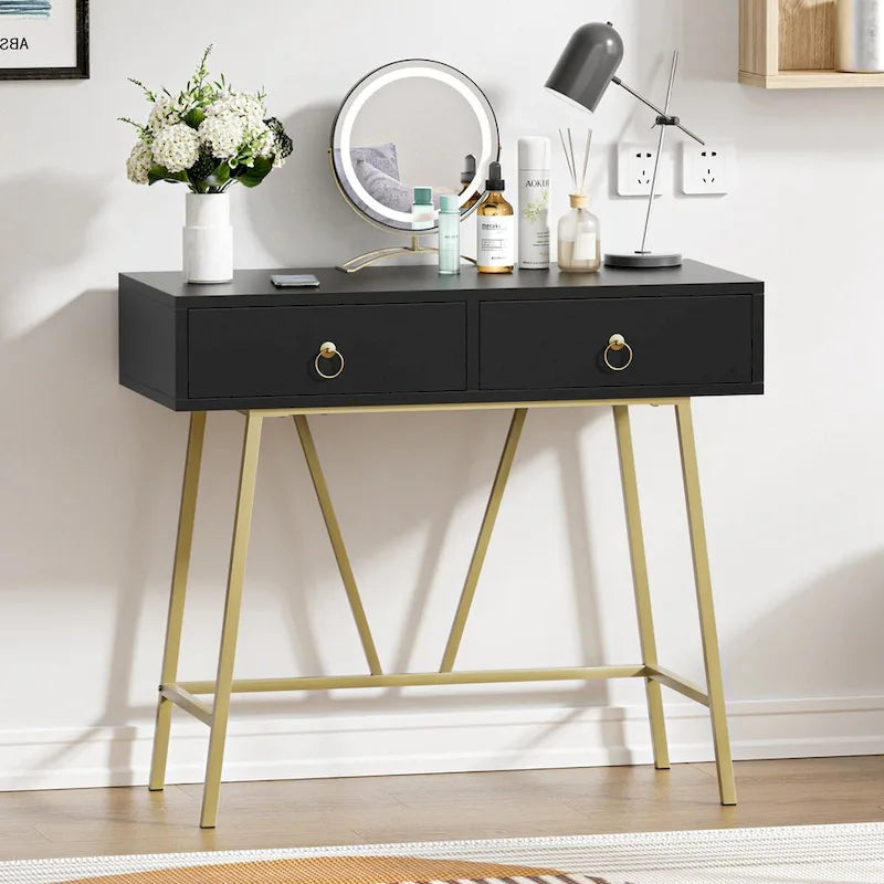Bureau d'angle moderne avec 2 tiroirs et pieds dorés