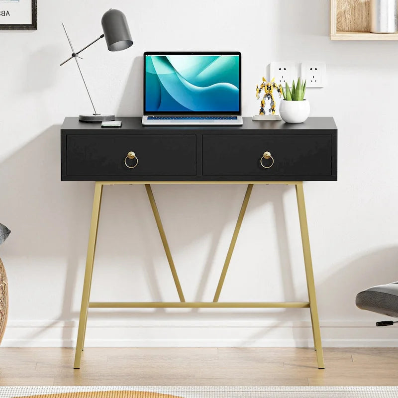 Bureau d'angle moderne avec 2 tiroirs et pieds dorés