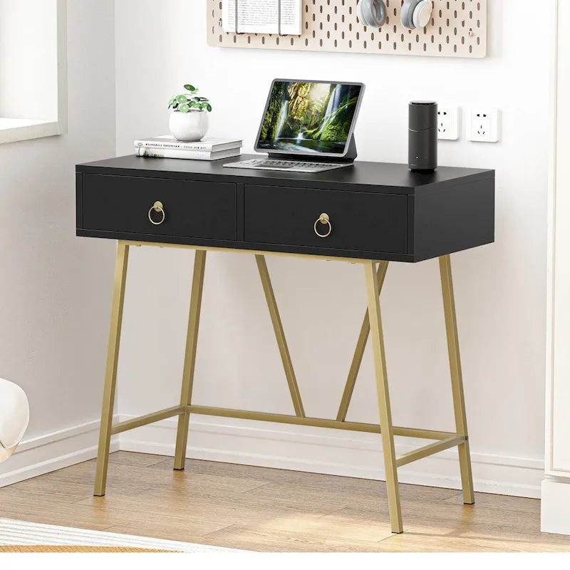 Bureau d'angle moderne avec 2 tiroirs et pieds dorés