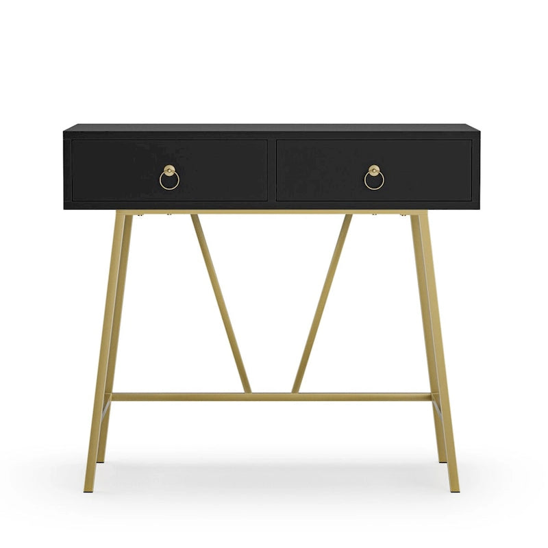 Bureau d'angle moderne avec 2 tiroirs et pieds dorés